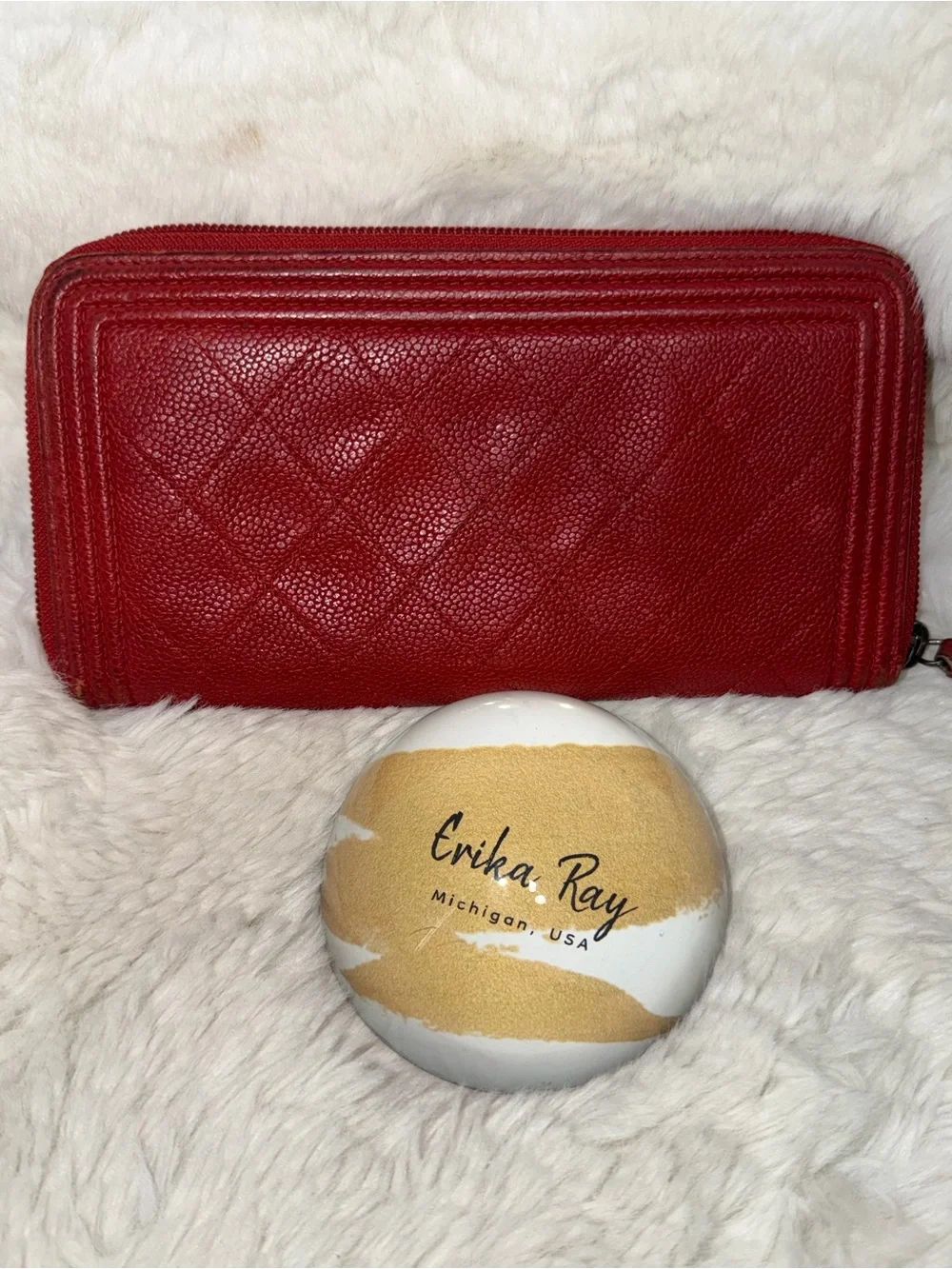 CHANEL Red Quilted Caviar Leather Leboy Zip Wallet- GOOD CONDITION